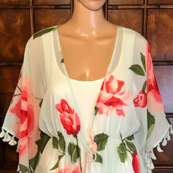 NWOT Chiffon Aqua Floral Tassel Tie Front Kimono Duster - Picture 6 of 12